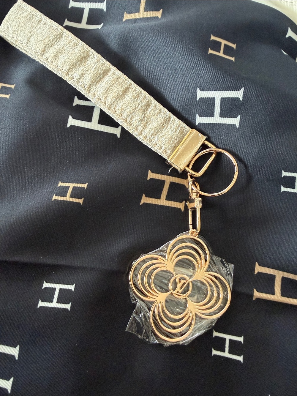 Gold Floral Key Charm Wristlet Strap - Women Bags